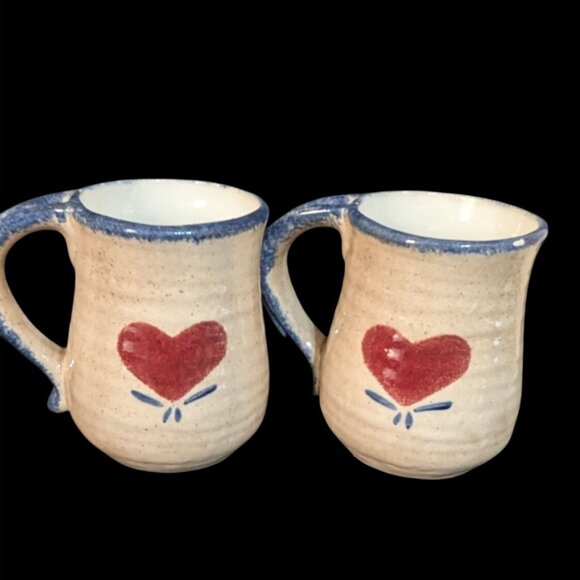 Handmade Stoneware Pottery Mugs Pair Red Heart Blue Trim Rustic Kitchen BW92 - Picture 1 of 7